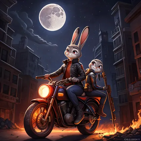 By chelodoy, Judy Hopps, ghost rider, bike, shotgun, night, moon, hell