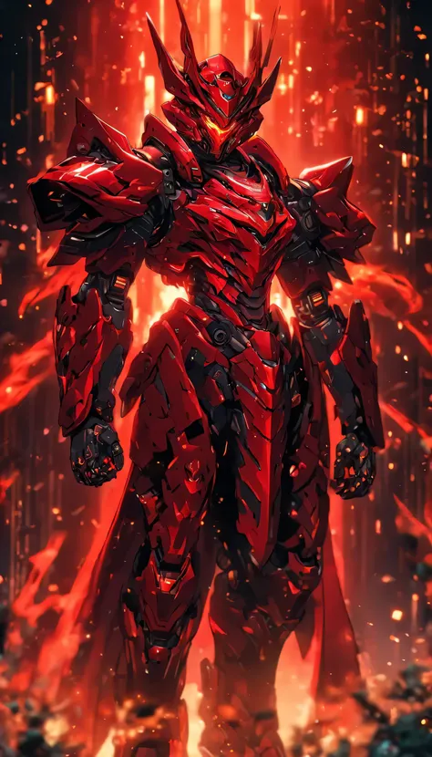 (full body shot)realistic,shiny,reflective,bioluminic, galactic cybernetic mask,mecha,(assassin:1.2),((((cloak)))),sh4g0d,GlowingRunes_Red,fullbody,cinemnatic,dark background,backlight,high contrast,an evil smirk, arm covered with tattoo, mecha armoured pa...