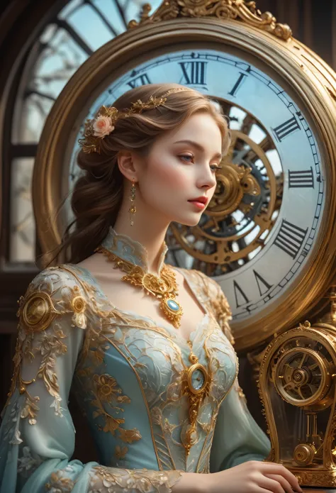 (best quality,4k,8k,highres,masterpiece:1.2),ultra-detailed,(realistic,photorealistic,photo-realistic:1.37),intricate mechanism of a mechanical clock, dreamlike atmosphere, worlds most beautiful girl, fine illustrations, antique gold and brass material, en...