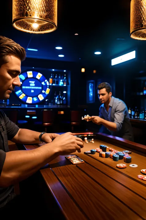 photoRealistic photo of a bar with impressive light effects, men playing pocker, close up, 