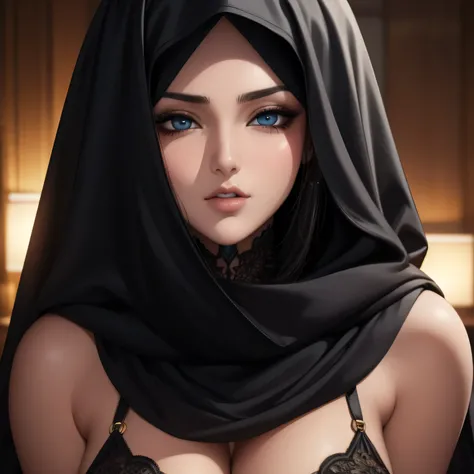 Amazing portrait of a sexy Arabian woman with a beautiful face wearing a black cloth covering over her head and face except eyes showcasing beautiful and seductive eyes in a sultry pose