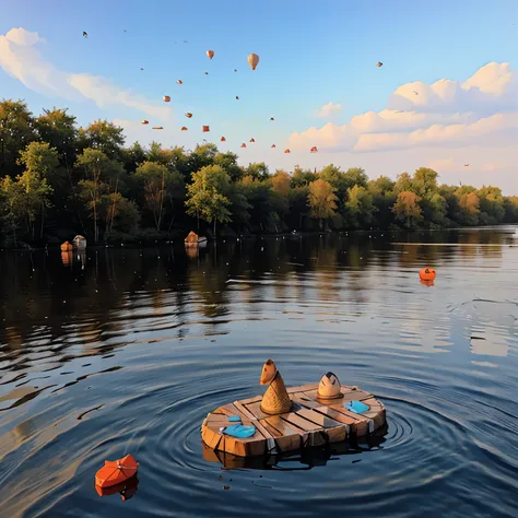 Ville flotante sur leau avec des batiments coquillages