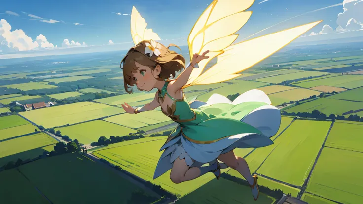 Little fairy girl, Very petite:3.0, minimum body, Small breasts, Fairy Wings:2.0, Light green fairy costume, Expressive poses, flying:2.0, Full body shot, Flower Field, light brown hair, medium hair, hair flower, smile, anime style, from below, atmospheric...