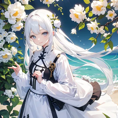 White Hair、Long Hair、girl、beautiful、smiling、flower