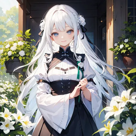 White Hair、Long Hair、girl、beautiful、smiling、flower