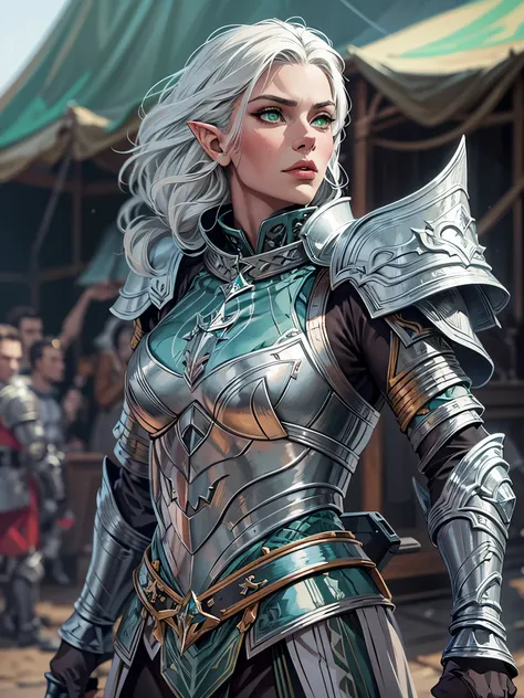 Beautiful, (1Nordic Woman), pointy ears, Silver hair, green eyes, shes wearing a silver and blue crusader armor, background: Medieval military base, Conceptual art, UHD, masterpiece, anatomically correct, high details, super detail, high quality, highres, ...