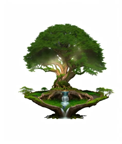 Large iggdrasil with a waterfall water fountain coming out of the center of the trunk