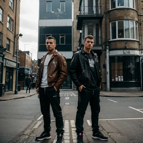 2 Uk drip people standing next to a building with a shotgun