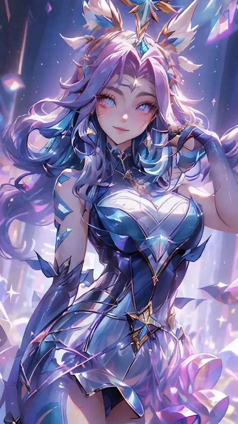 ((mejor calidad)), ((Obra maestra)), (detallado), cuerpo completo, de frente al espectador, cara perfecta, cabello morado, star guardian, pelo corto cian, heterochromia, ojos morados y cyan, sparkly ojos morados, long eyelashes, pelaje azul cian, orejas de...