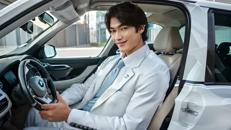 ((A white BMW840I))A young and handsome Japanese man aged 20 years old and 182 cm tall。Wearing a black suit. White shirt、Japanese man wearing light blue tie，)、with a smile on face..左手放在Direction plate上.Let your right hand hang naturally..Sitting in the dri...