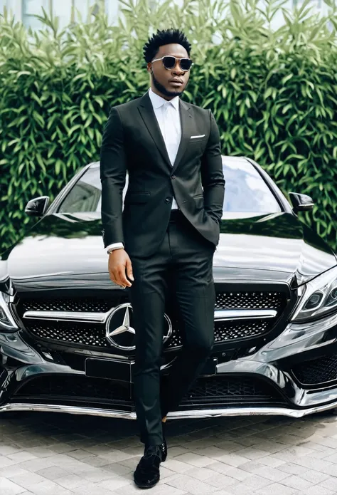 A Businessman wear black suit near c-class benz and in front of holding he has african hair style  