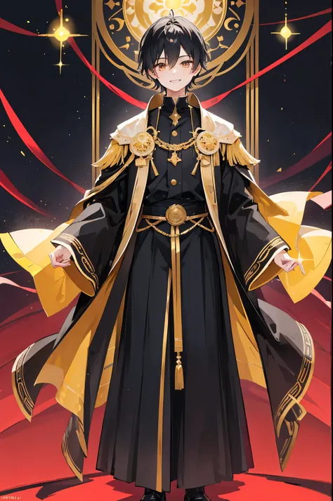 (high quality, realisitc), a young boy with short, black hair, and golden eyes, exuding confidence. He has a bright, joyful smile that lights up his face. Dressed in regal black robes, he stands tall, projecting the aura of a confident and happy king.