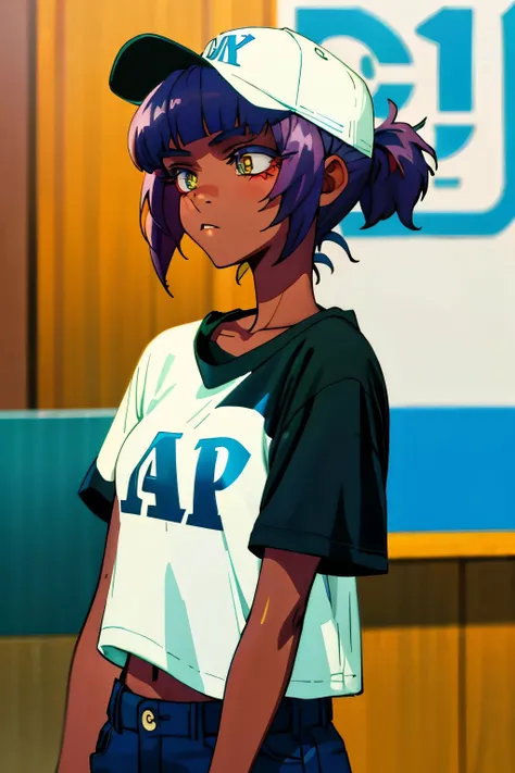 1 girl, One, dark skin, dark-skinned woman, upper body, baseball cap, t-shirt, tomboy