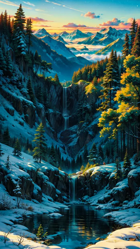 Behold this celestial and uncharted realm, where beauty transcends imagination. Before you, a majestic waterfall cascades from dizzying heights, its crystalline waters reflecting the golden rays of the sun. Surrounding you, a lush forest extends as far as ...