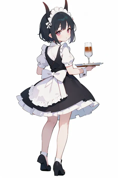 adult succubus maid waitress big  full body standing on feet holing a tray with tea white background