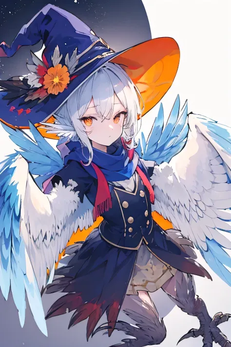 ((harpy winged arms:1.4)),white,blunt cut ,orange eyes,blue scarf,witch hat,