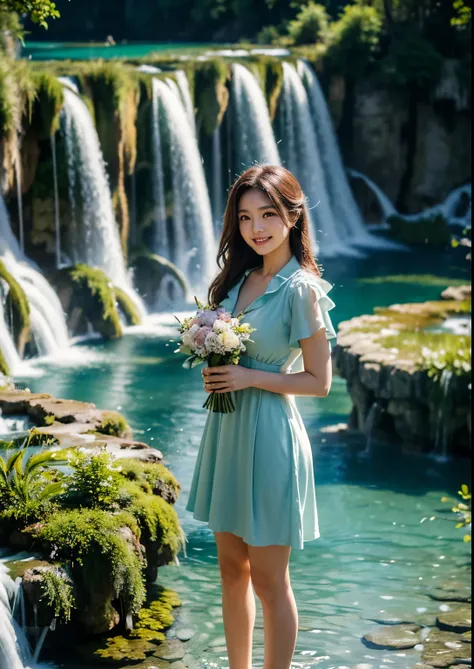 best quality,4k,8k,highres,masterpiece:1.2,ultra-detailed,realistic:1.37,portraits,colorful,soft light,Korean girl, ((Plitvice Waterfalls, Croatia)),((standing in middle of Plitvice Waterfalls)), flowing hair,beautiful detailed eyes,beautiful detailed lips...