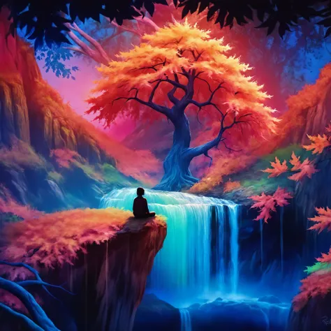 psychedelic, psychotic, acid colors, very contrasted, dark background, neon colors, bright, glowing, painting of a person sitting under a tree, on a mountain ledge, waterfall from below, view from afar, pink red orange landscape, bottom - view, maple tree,...