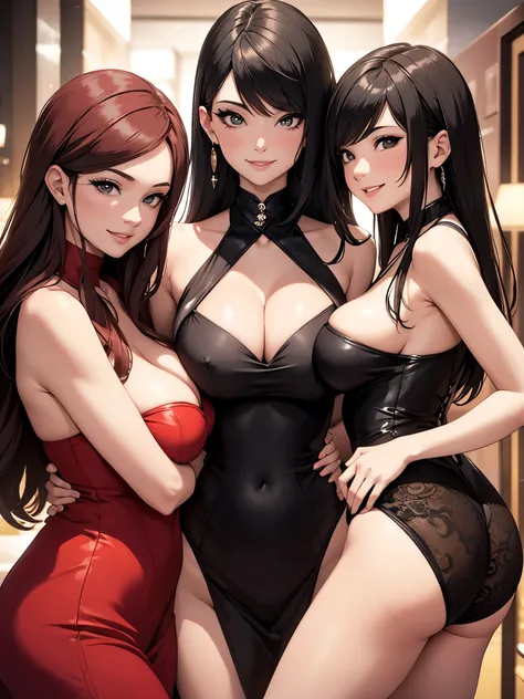 three sexy adult women in casino outfits who are lovers of 4 years old boy, seductive smiles, faces close up