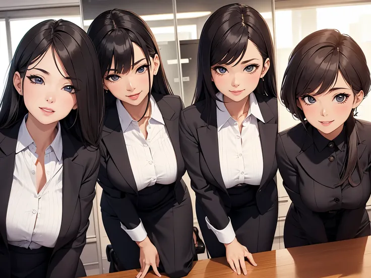 three sexy women in office lady outfits, flirtatious smiles, kneeling, opened mouths moaning, close up faces portrait