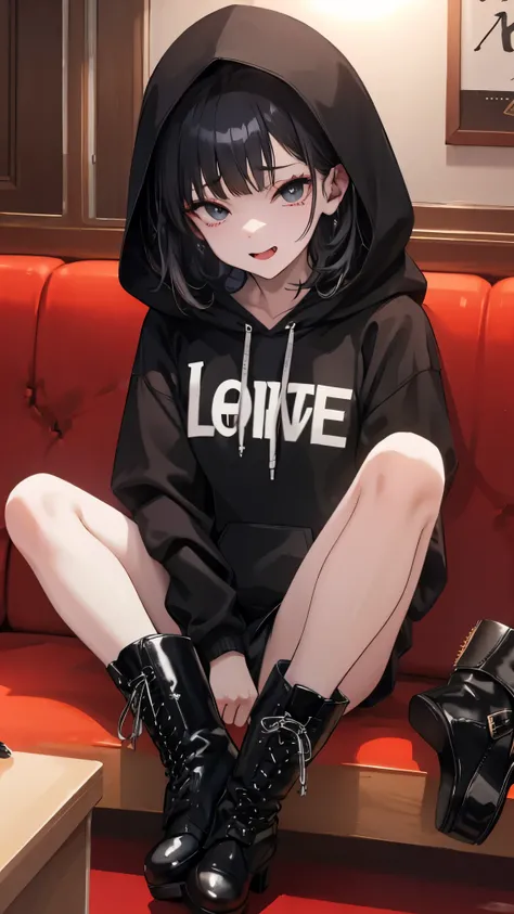 ((Disgusted face)),(((lovehotel)))、Hotel、8k,Super Detailed Game CG, (High resolution:1.1),(Absurd:1.1), highest quality,  Highest resolution, Very detailed, One girl,cute、contemptuous 、disdain、Sitting、
black and White hoodie、Red and black hoodie、White hood...