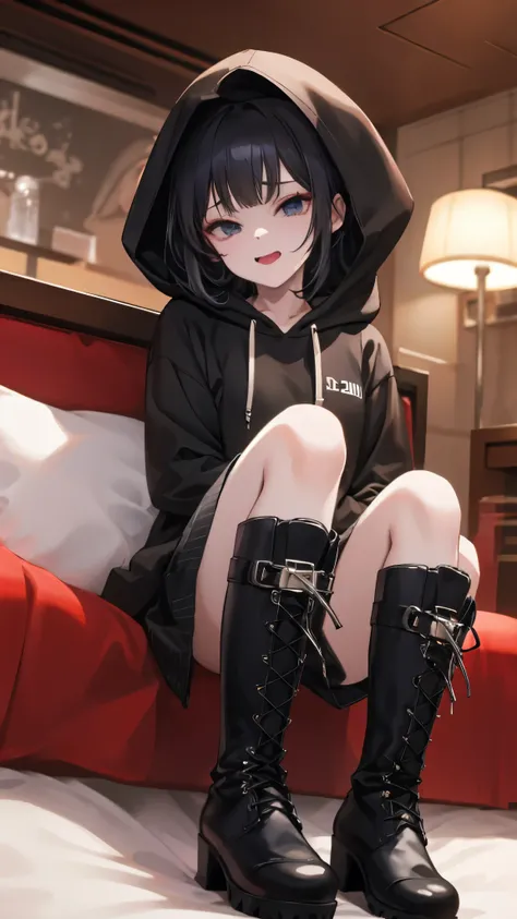 ((Disgusted face)),(((lovehotel)))、Hotel、8k,Super Detailed Game CG, (High resolution:1.1),(Absurd:1.1), highest quality,  Highest resolution, Very detailed, One girl,cute、contemptuous 、disdain、Sitting、
black and White hoodie、Red and black hoodie、White hood...