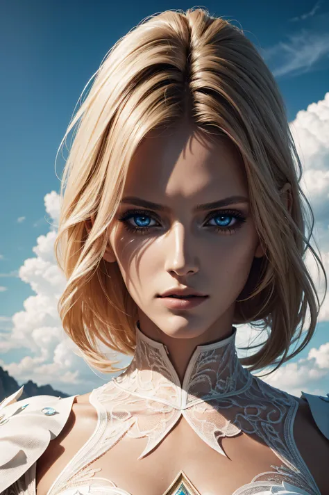 Anja Rubik, wearing cosmos costume transparent. professionally retouched, soft lighting, realistic, smooth face, perfect eyes, sharp focus on eyes, 8 k, high definition, insanely detailed, intricate, elegant. against the background of clouds.