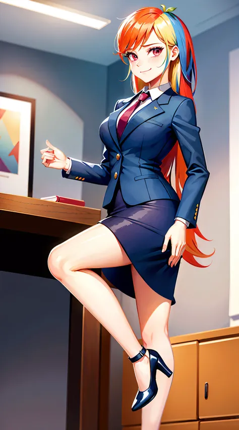 1girl, masterpiece, (detailed background), best quality, absurdres,
smirk, business suit, skirt suit, blazer, pencil skirt, bare legs, high heels, office, closed mouth, from below,
mlpdash, personification, multicolored hair, colored skin, blue skin,