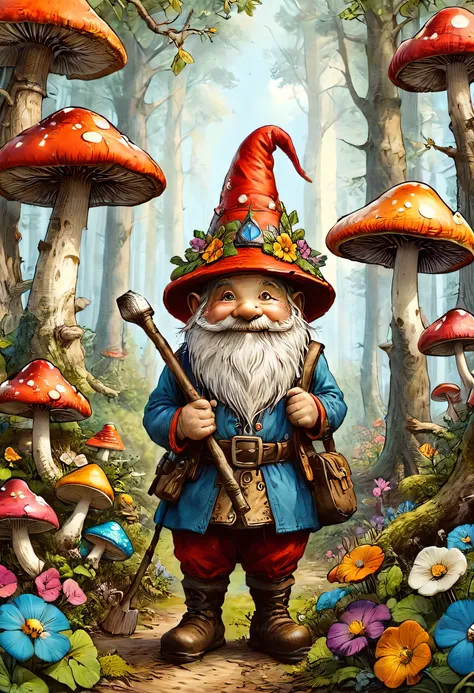 (gnomes),(gnome outfits),(gnome accessories),(mushroom background),(flowers, trees),(best quality,4k,8k,highres,masterpiece:1.2)...