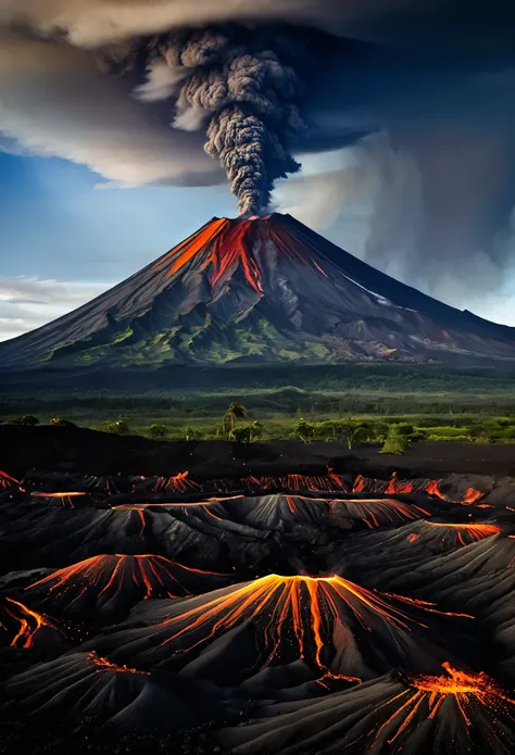 in an intricate display, eruptions unfold like a symphony, with each volcano representing a note in the grand composition of ear...