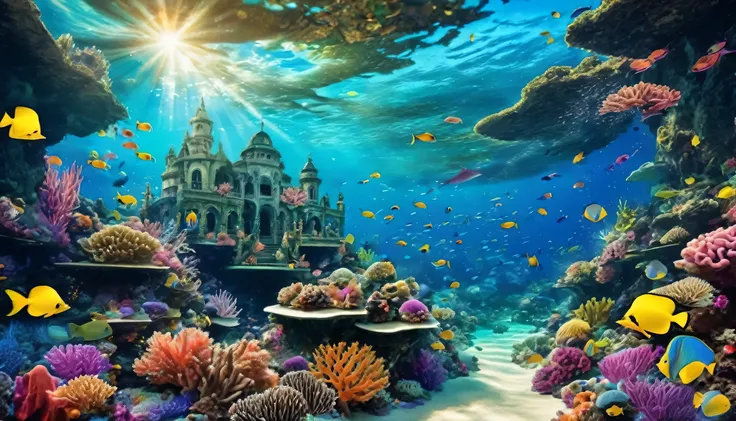 an underwater kingdom teeming with colorful fish, coral reefs that glow in the dark, and mermaids swimming gracefully through th...