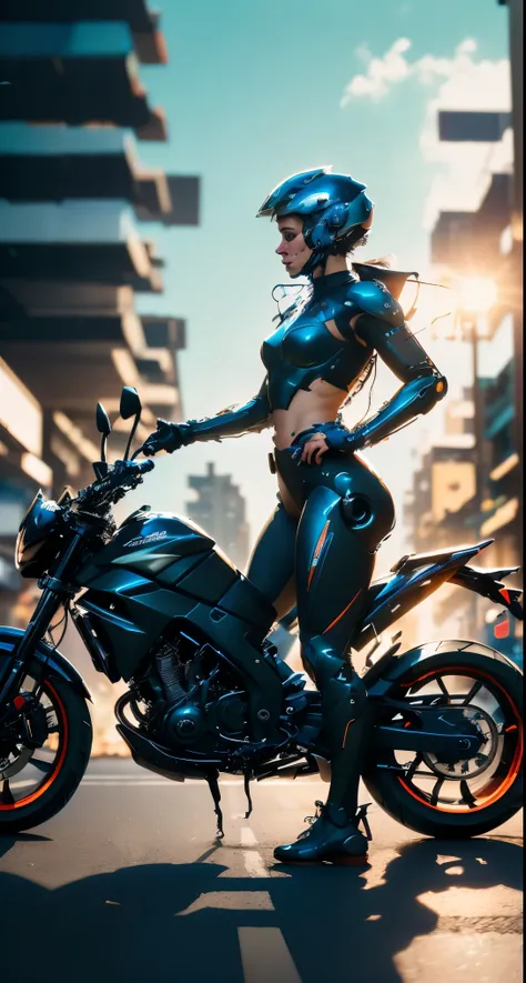 A female cyborg riding a high-tech motorcycle on the street, (side view, Half-turn:1.2), lying down, dancing, jumping, shooting, crying, masturbating, high quality, Absurd, Masterpiece, Beautiful, complex parts, 1/2 body crops, slender body, Beautiful figu...