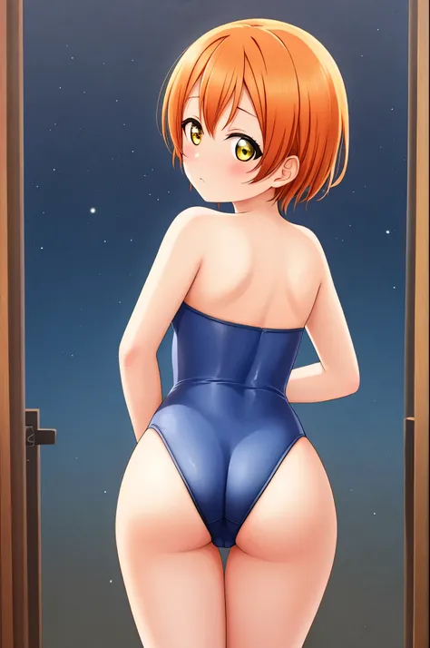 Masterpiece, best quality, Hoshizora rin, orange hair, yellow eyes, solo, from behind, cowboy shot strapless leotard, looking at viewer,  standing ,ass  , exposed ass cheeks 