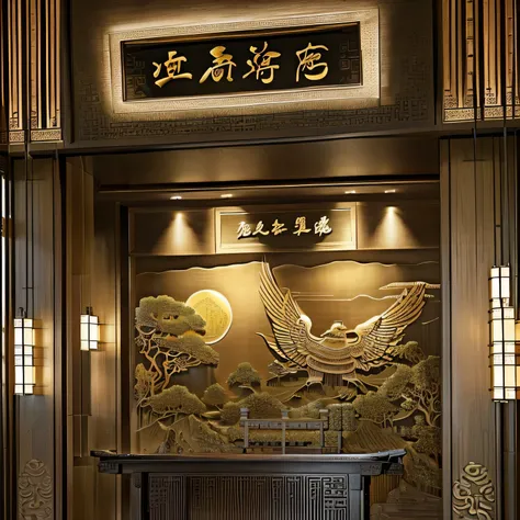  Carved screen, In line with the aesthetics of the Qing Dynasty, Governor-General of Liangjiang, golden wood relief,Modern high-end private club，Interior design，Commercial space，Depth photography