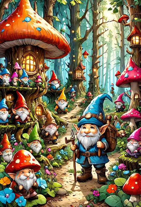 A group of gnomes, all dressed in colorful gnome outfits, are gathered together in a lush forest. The gnomes are wearing pointy hats, adorable boots, and are carrying various gnome accessories such as lanterns, shovels, and gardening tools. They are surrou...