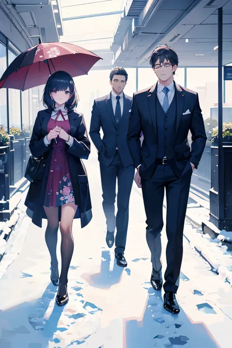 a beautiful girl with umbrella and floral dress and two men. a masculine guy in an office suit, and a cute guy in a bear hoodie. they stand under the snow.. Anime style