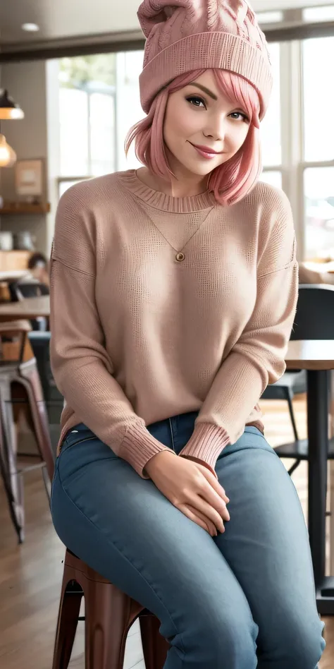 1girl, solo, Coffee shop, short pink hair, hourglass body, beanie, sweater, jeans, sitting on chair, dynamic pose, indoors, 