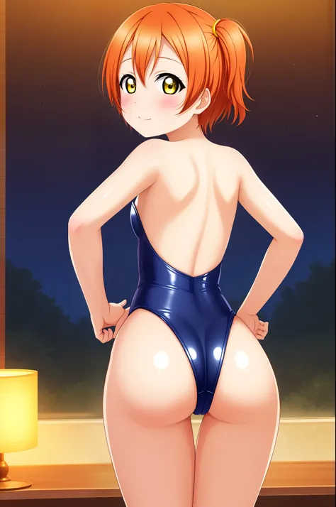 Masterpiece, best quality, Hoshizora rin, orange hair, yellow eyes, solo, from behind, cowboy shot strapless leotard, looking at viewer,  standing ,ass  , (exposed ass cheeks:1,3), moist and shiny skin , hand on hip,one side up