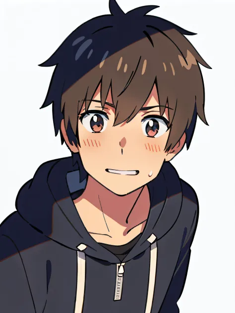 Ultra sharp, masterpiece, best quality, shinkai makoto, kimi no na wa, 1boy, Boy, Shota, brown hair, Taki, Sleeveless hoodie, blush, bright eyes, smile, cute, open mouth, adorable, looking at the viewer, School, upper body, sweat, Simple beckground