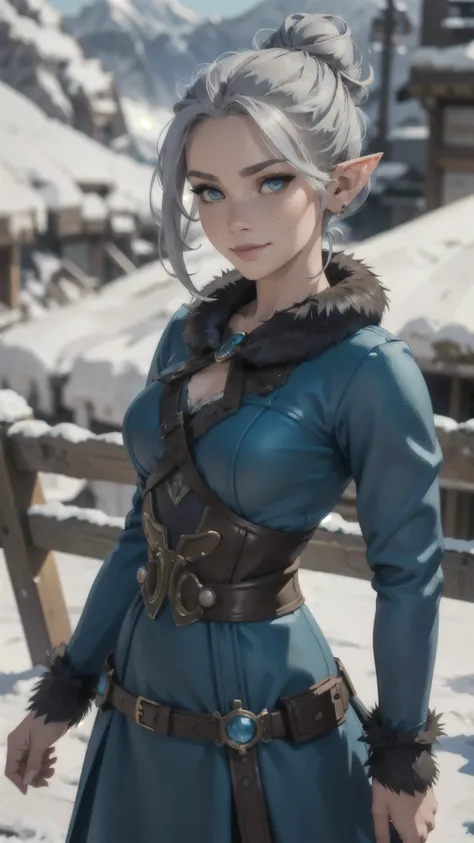 steampunk beautiful elf, silver hair in a messy bun, detailed face, light freckles, smirk, blue brown fur dress, early morning, ...