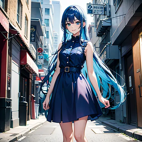 Idol teenage girl, blue hair, long hair, blue eyes, blue dress, standing on the street, light smile