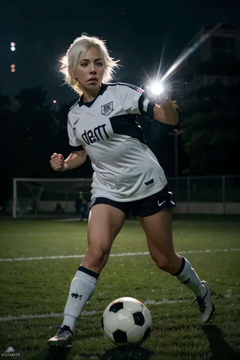 cat playing soccer ball, white hair, glowing light, cinematic lighting, UHD, retina