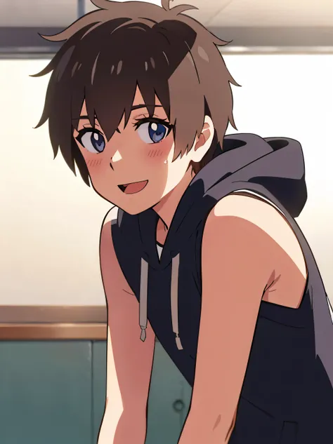 Ultra sharp, masterpiece, best quality, shinkai makoto, kimi no na wa, 1boy, Boy, Shota, brown hair, Taki, Sleeveless hoodie, Bare shoulder,  blush, bright eyes, smile, cute, open mouth, adorable, looking at the viewer, Torso image, sweat, Simple beckgroun...