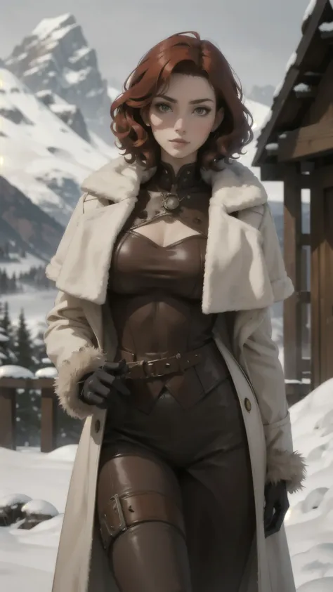 steampunk woman, short curly red hair, ivory fur coat, detailed face, early morning, snowy mountains, depth of field, blurry bac...