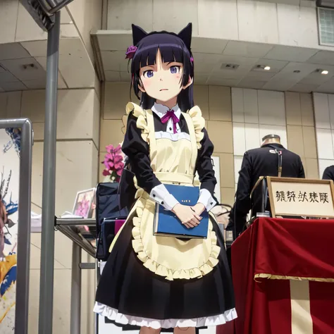 (ruri gokou), 1 girl, Long Hair, Black Hair, Hime cut, Maid clothes, Cat ear, Anime Style, (Apron skirt), Midi Skirt, stockings, comiket, table, chair, book, indoors, photo background, indoors,