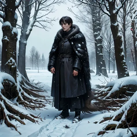 bran stark standing cold and rigid in a windy weather full of snow. he is found inside the giant tree full of roots, around him ...