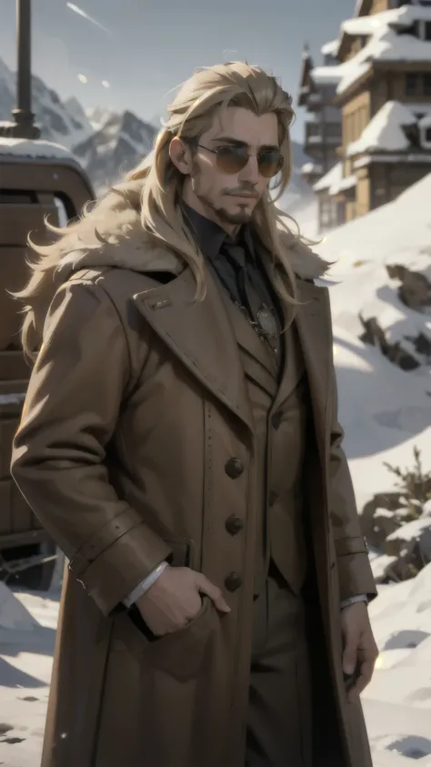 steampunk man, long blonde hair, blonde goatee, brown fur coat, detailed face, round sunglasses, early morning, snowy mountains, depth of field, blurry background