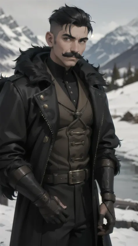 steampunk man, short hair, undercut, mustache, black fur coat, detailed face, early morning, snowy mountains, depth of field, blurry background