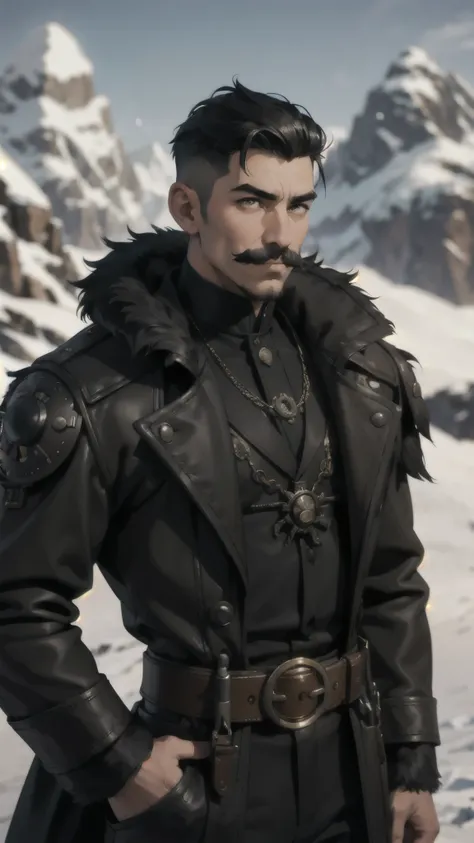 steampunk man, short hair, undercut, mustache, black fur coat, detailed face, early morning, snowy mountains, depth of field, bl...