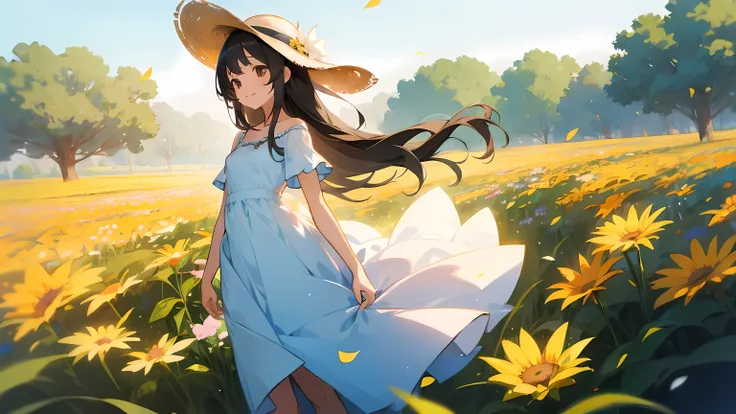 anime girl standing in a field of flowers, beautiful flower field, clear sky, beautiful sunlight, wind, (1girl), long black hair, brown eyes, small breasts, light blue small dress, white socks, sun hat, smile, amazing anime artwork, masterpiece, high res, ...